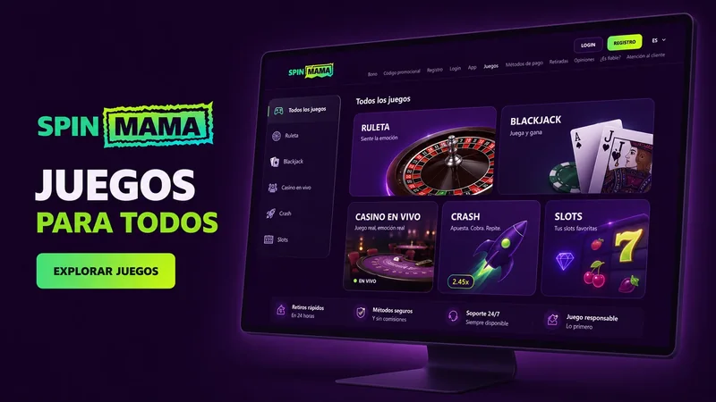 Lobby de Spinmama Casino con las categorías de juegos en español